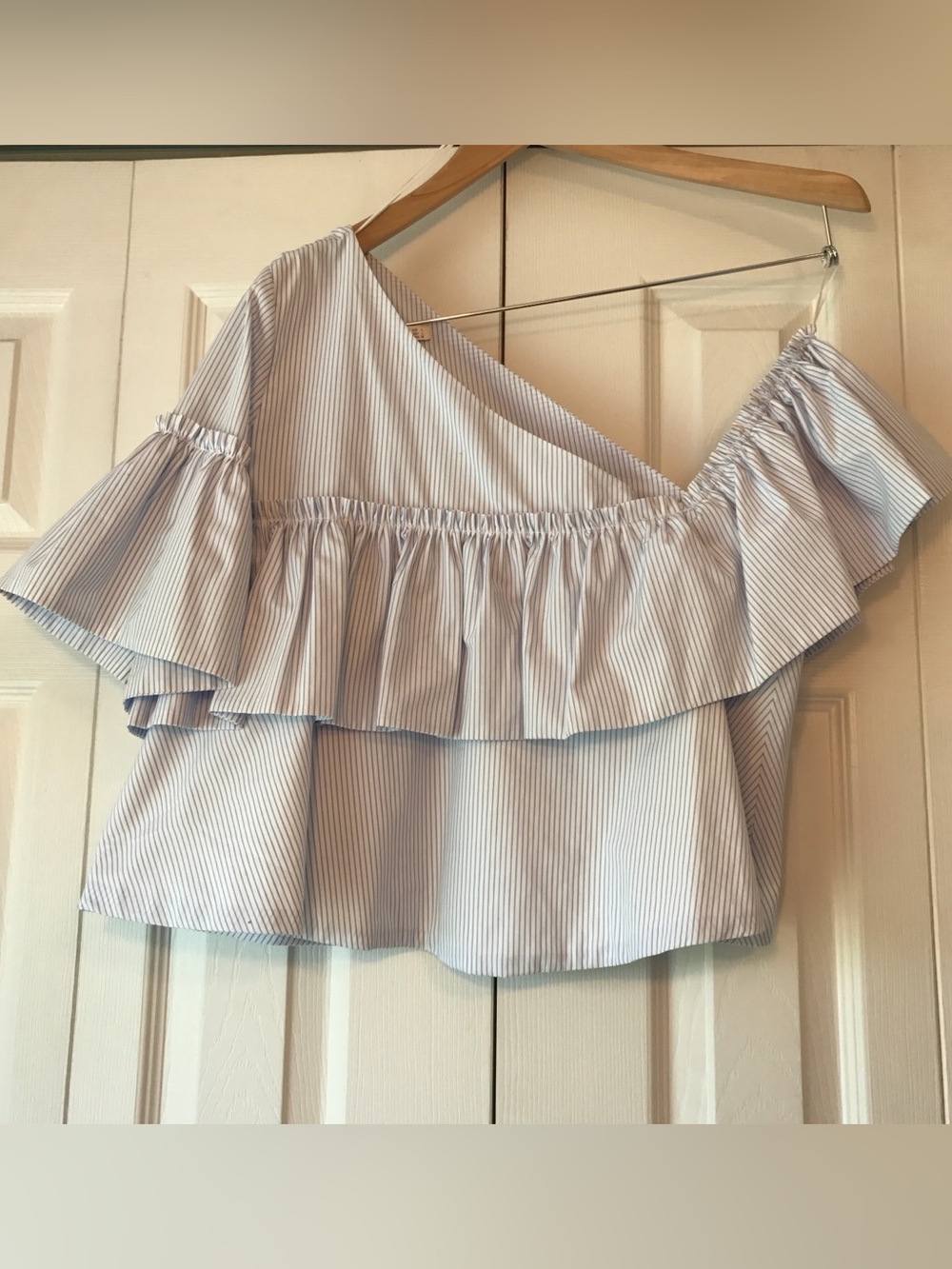 Zara Light Blue and White Striped One-Shoulder Ruffle Top